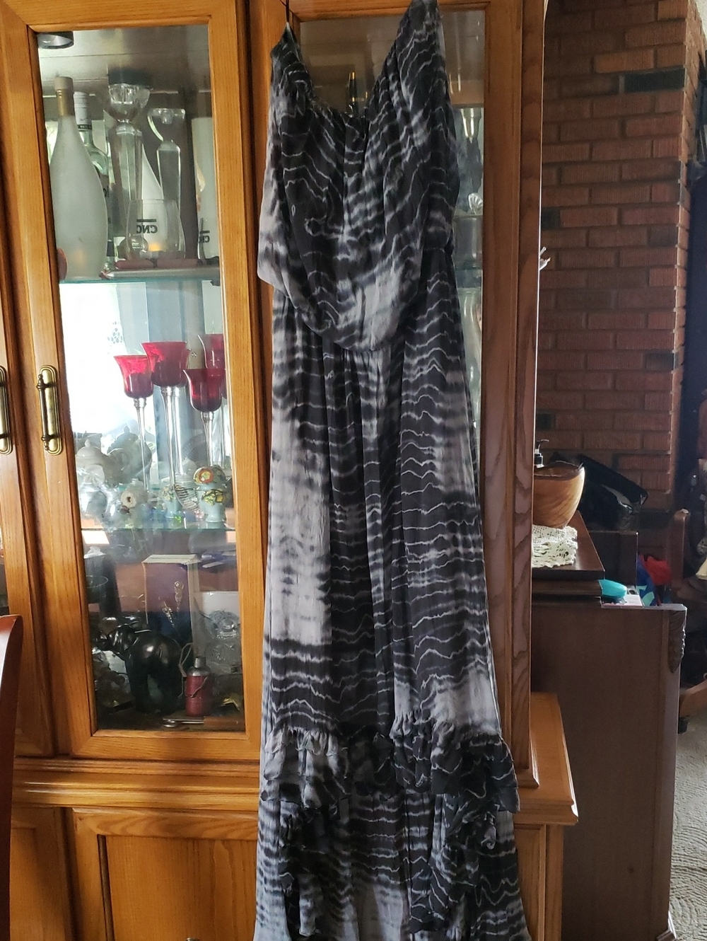 Guess Black & White Silk Maxi Dress with Ruffled Hem